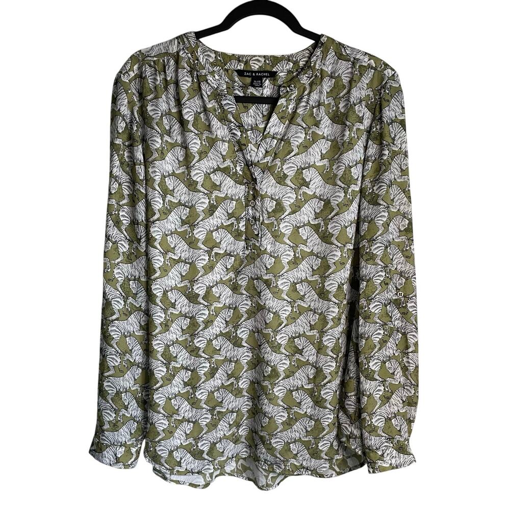 Zac & Rachel Popover Blouse Sz XL Long Roll Tab Sleeves Zebras Green Black White